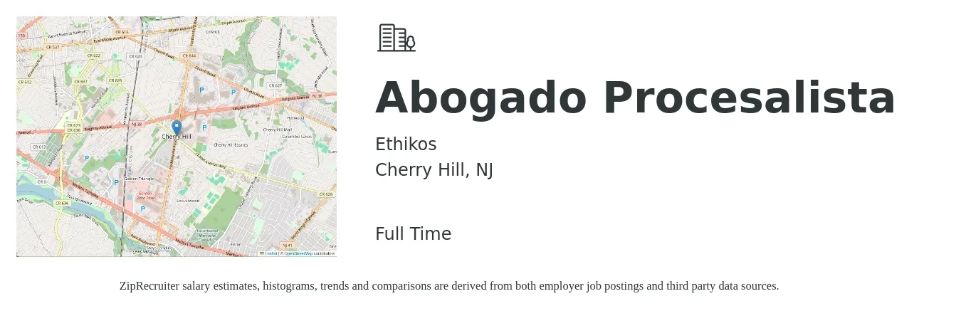 Ethikos job posting for a Abogado Procesalista in Cherry Hill, NJ with a salary of $15 to $19 Hourly with a map of Cherry Hill location.