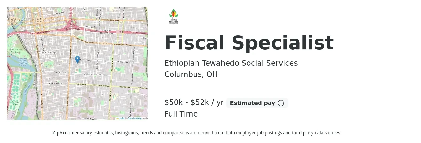 Ethiopian Tewahedo Social Services job posting for a Fiscal Specialist in Columbus, OH with a salary of $50,000 to $52,000 Yearly with a map of Columbus location.