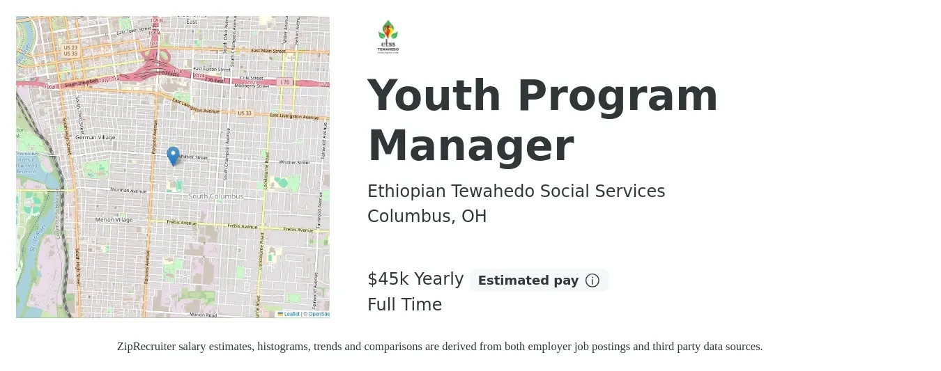 Ethiopian Tewahedo Social Services job posting for a Youth Program Manager in Columbus, OH with a salary of $45,760 Yearly with a map of Columbus location.