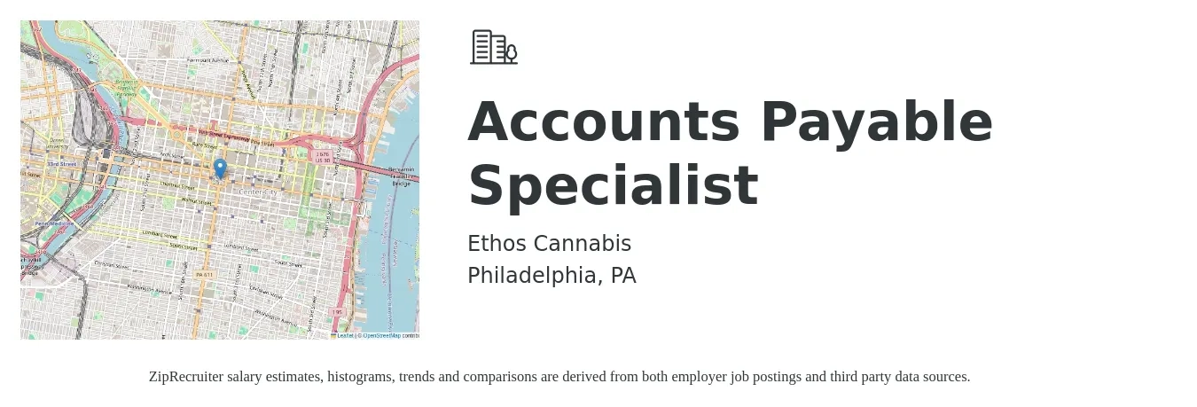 Ethos Cannabis job posting for a Accounts Payable Specialist in Philadelphia, PA with a salary of $20 to $26 Hourly with a map of Philadelphia location.