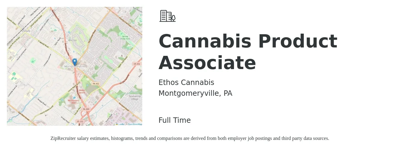 Ethos Cannabis job posting for a Cannabis Product Associate in Montgomeryville, PA with a salary of $24 to $39 Hourly with a map of Montgomeryville location.