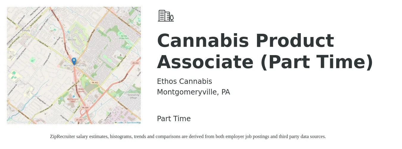 Ethos Cannabis job posting for a Cannabis Product Associate (Part Time) in Montgomeryville, PA with a salary of $24 to $39 Hourly with a map of Montgomeryville location.