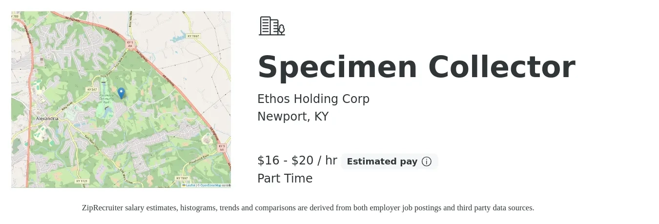 Ethos Holding Corp job posting for a Specimen Collector in Newport, KY with a salary of $17 to $21 Hourly with a map of Newport location.