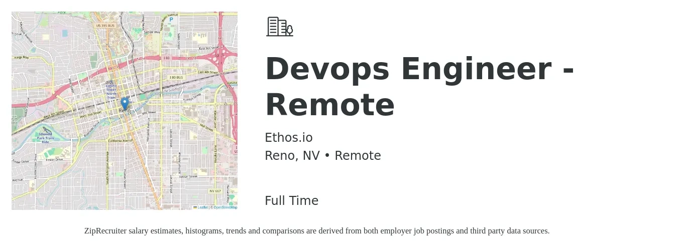Ethos.io job posting for a Devops Engineer - Remote in Reno, NV with a salary of $2,000 to $4,000 Monthly with a map of Reno location.