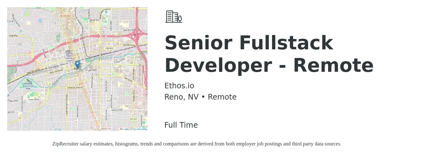 Ethos.io job posting for a Senior Fullstack Developer - Remote in Reno, NV with a salary of $3,000 to $5,000 Monthly with a map of Reno location.