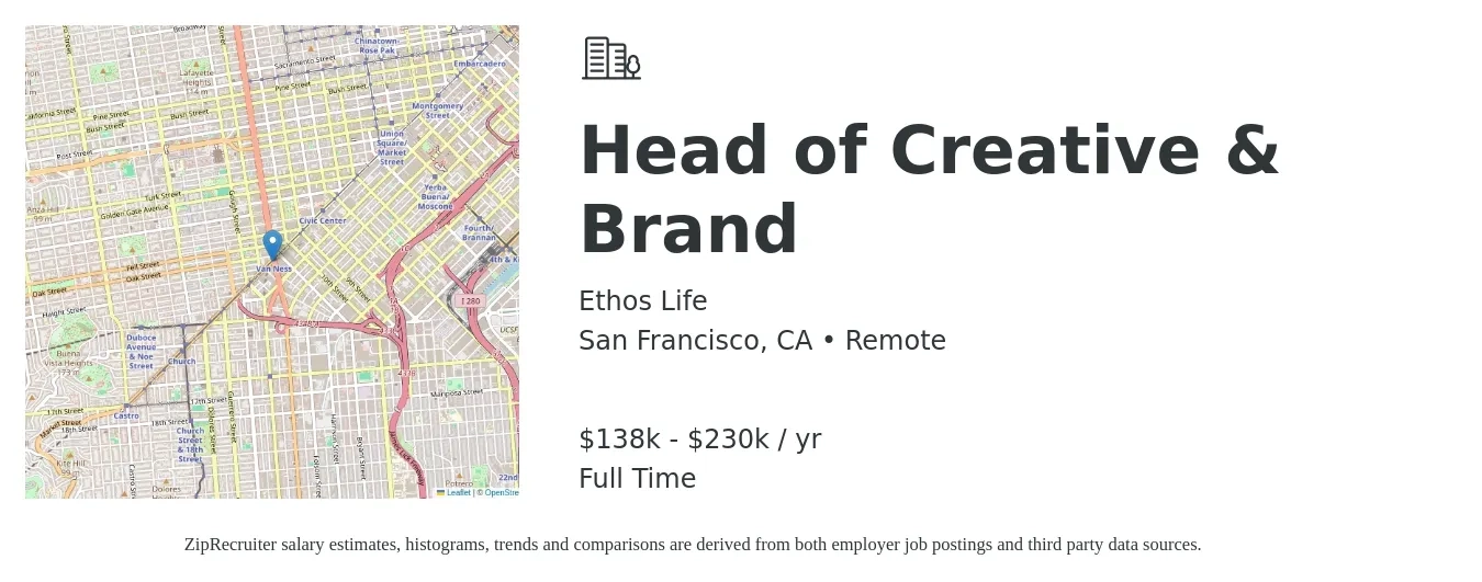 Ethos Life job posting for a Head of Creative & Brand in San Francisco, CA with a salary of $170,000 to $230,000 Yearly with a map of San Francisco location.