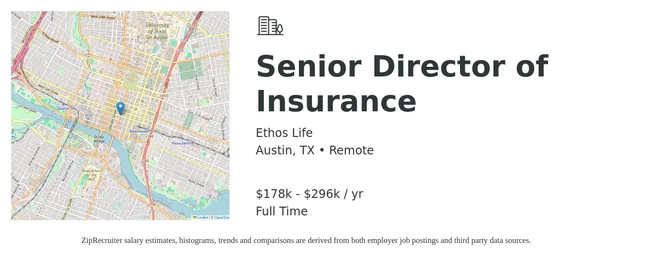 Ethos Life job posting for a Senior Director of Insurance in Austin, TX with a salary of $178,000 to $296,000 Yearly with a map of Austin location.