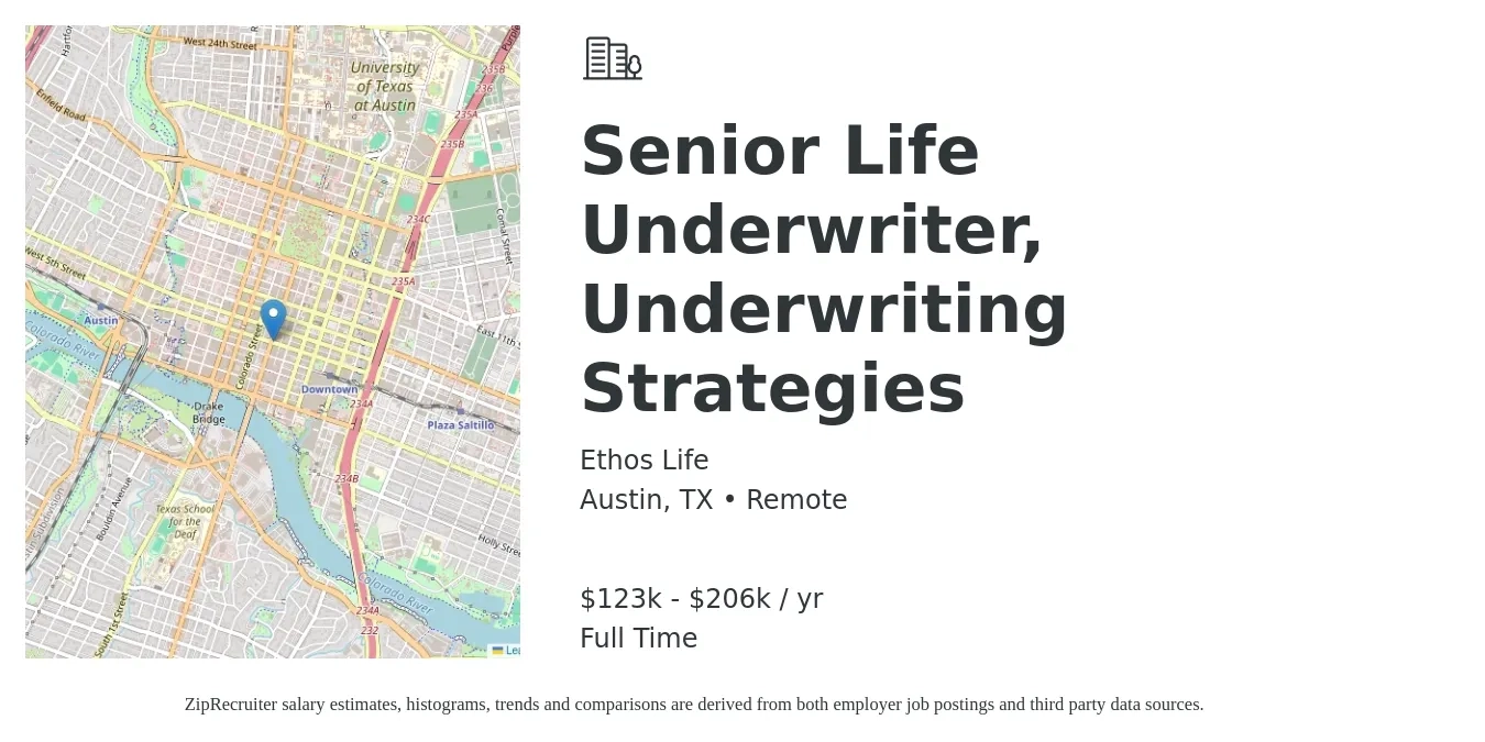 Ethos Life job posting for a Senior Life Underwriter, Underwriting Strategies in Austin, TX with a salary of $123,000 to $206,000 Yearly with a map of Austin location.