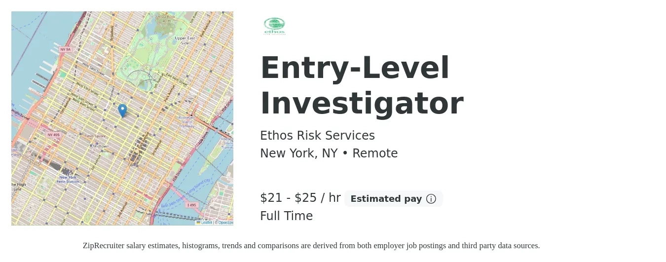 Ethos Risk Services job posting for a Entry-Level Investigator in New York, NY with a salary of $18 to $22 Hourly with a map of New York location.