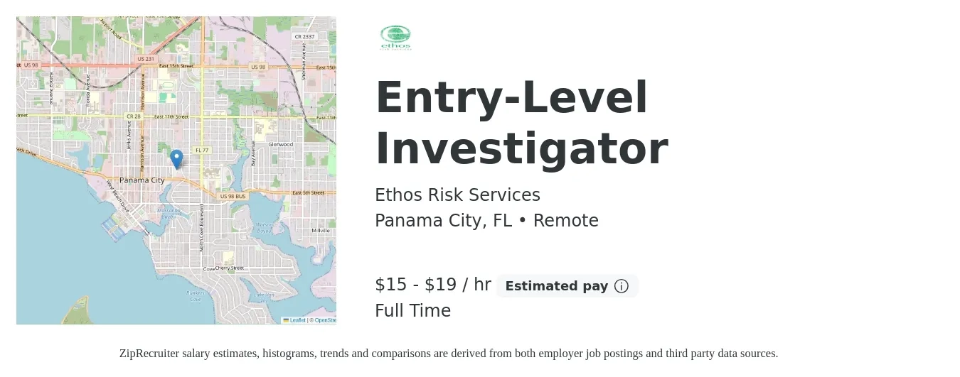Ethos Risk Services job posting for a Entry-Level Investigator in Panama City, FL with a salary of $16 to $20 Hourly with a map of Panama City location.