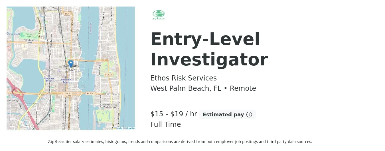 Ethos Risk Services job posting for a Entry-Level Investigator in West Palm Beach, FL with a salary of $16 to $20 Hourly with a map of West Palm Beach location.