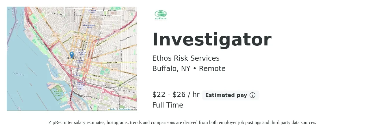 Ethos Risk Services job posting for a Investigator in Buffalo, NY with a salary of $23 to $28 Hourly with a map of Buffalo location.