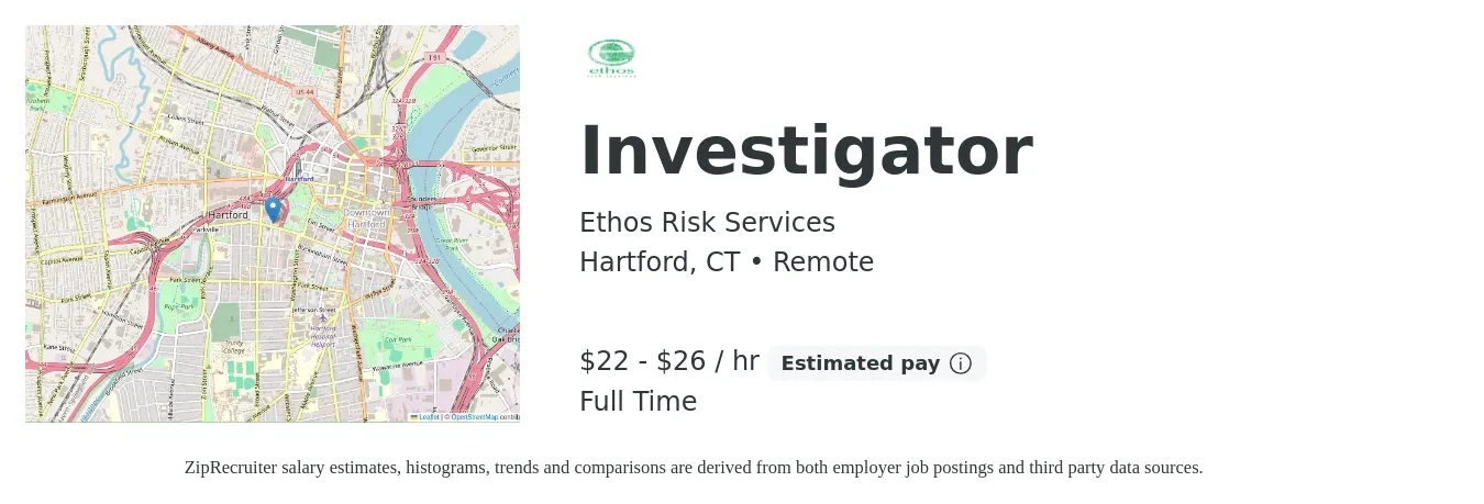 Ethos Risk Services job posting for a Investigator in Hartford, CT with a salary of $23 to $40 Hourly with a map of Hartford location.