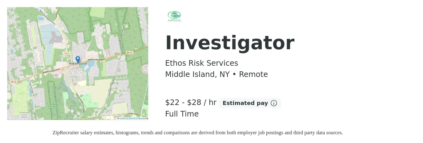 Ethos Risk Services job posting for a Investigator in Middle Island, NY with a salary of $23 to $30 Hourly with a map of Middle Island location.