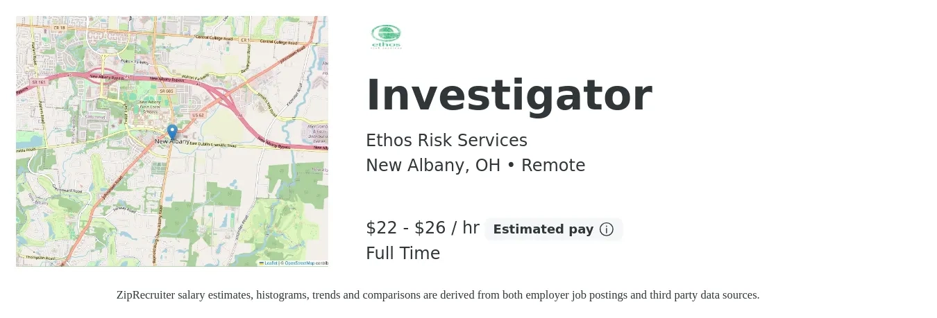 Ethos Risk Services job posting for a Investigator in New Albany, OH with a salary of $23 to $28 Hourly with a map of New Albany location.