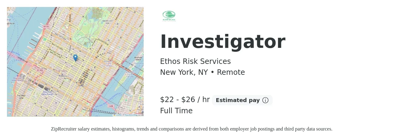 Ethos Risk Services job posting for a Investigator in New York, NY with a salary of $23 to $30 Hourly with a map of New York location.