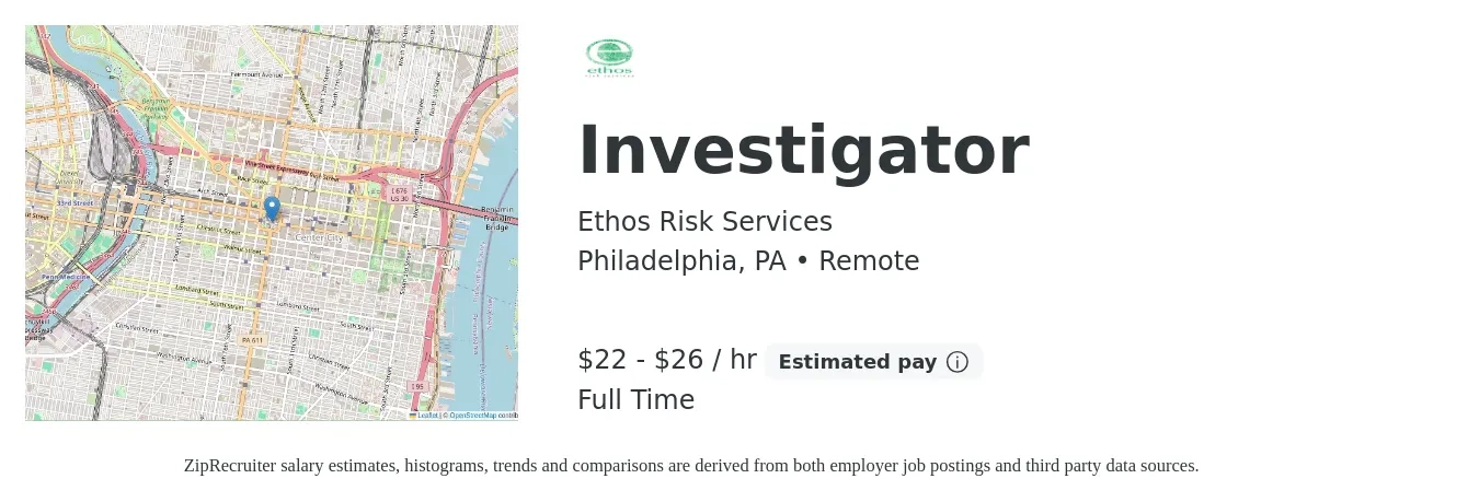 Ethos Risk Services job posting for a Investigator in Philadelphia, PA with a salary of $23 to $28 Hourly with a map of Philadelphia location.