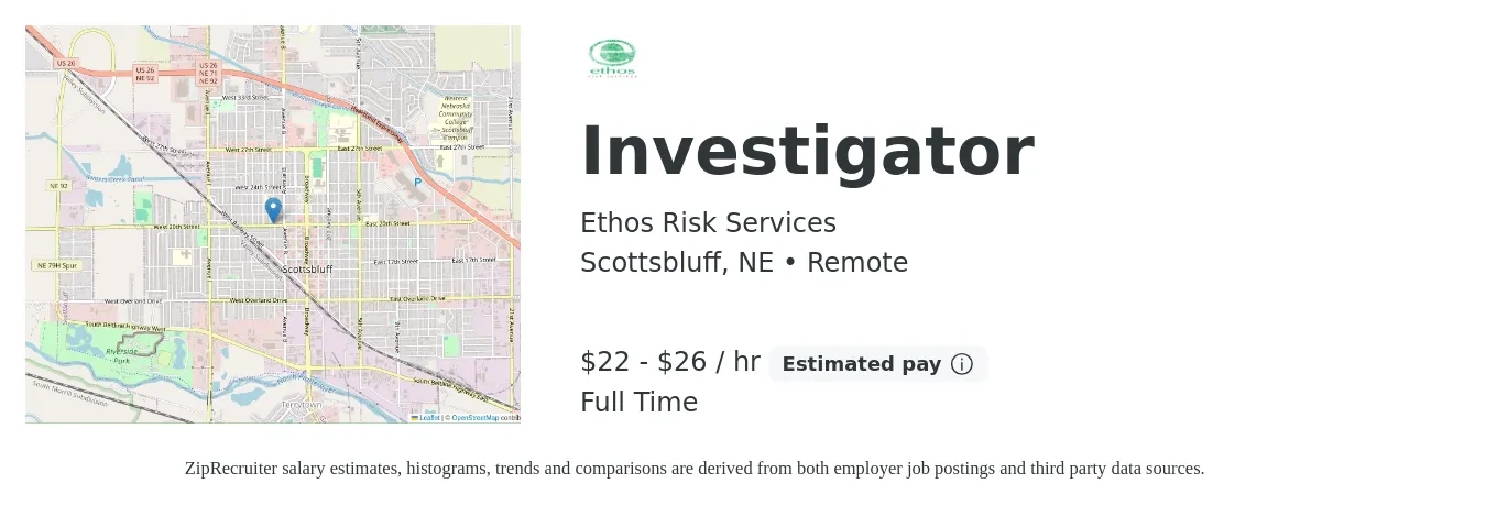 Ethos Risk Services job posting for a Investigator in Scottsbluff, NE with a salary of $23 to $28 Hourly with a map of Scottsbluff location.