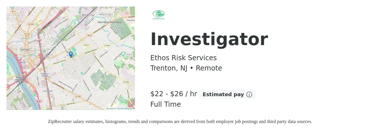 Ethos Risk Services job posting for a Investigator in Trenton, NJ with a salary of $23 to $28 Hourly with a map of Trenton location.