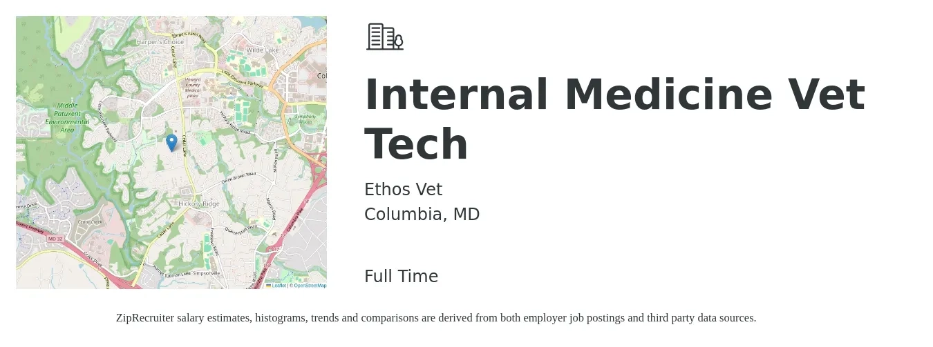 Ethos Vet job posting for a Internal Medicine Vet Tech in Columbia, MD with a salary of $18 to $25 Hourly with a map of Columbia location.