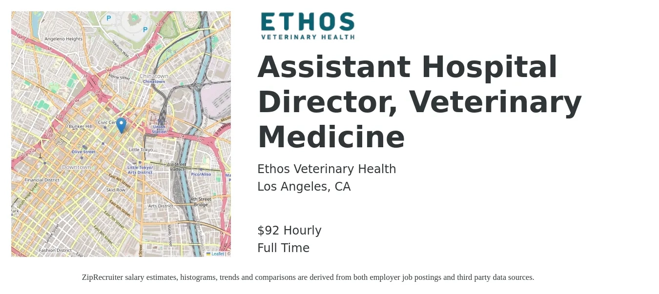 Ethos Veterinary Health job posting for a Assistant Hospital Director, Veterinary Medicine in Los Angeles, CA with a salary of $96 Hourly with a map of Los Angeles location.