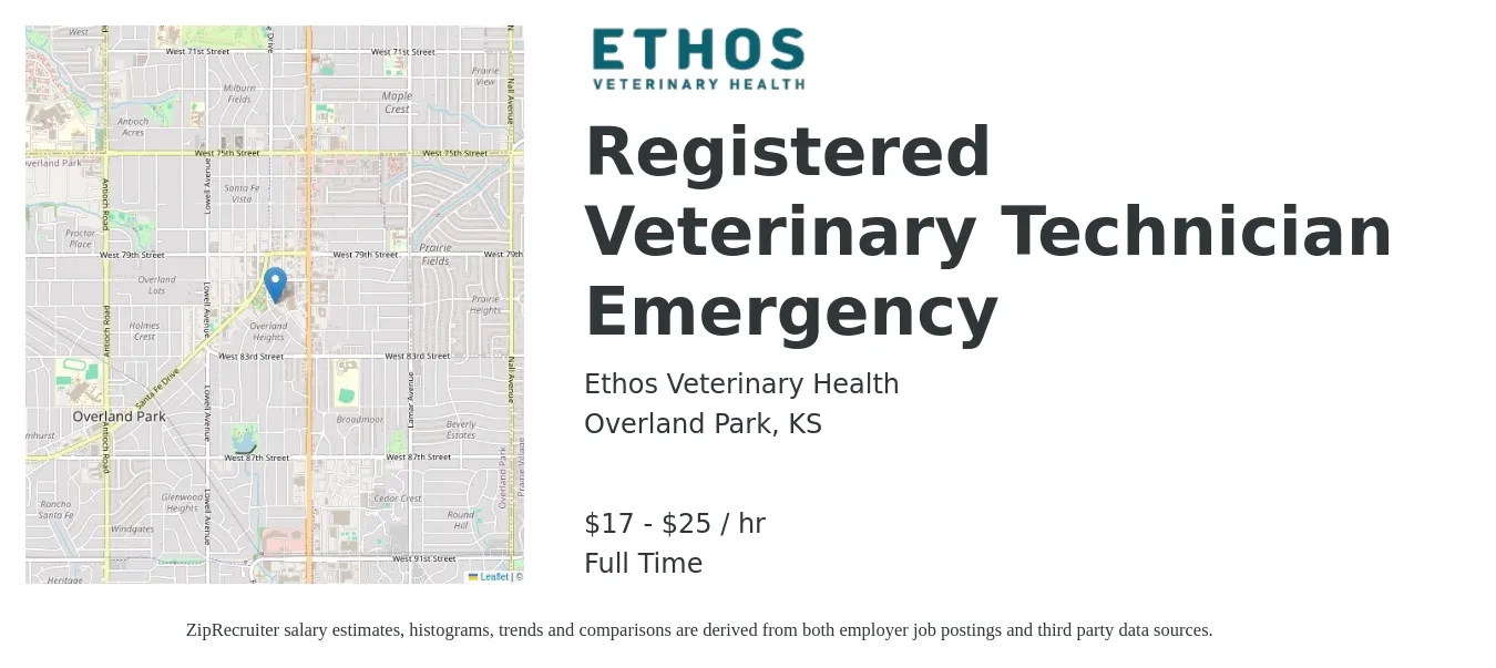 Ethos Veterinary Health job posting for a Registered Veterinary Technician Emergency in Overland Park, KS with a salary of $18 to $26 Hourly with a map of Overland Park location.