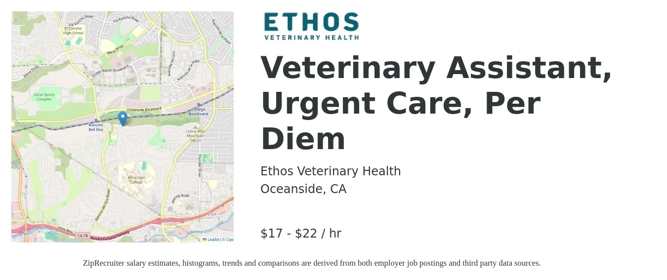 Ethos Veterinary Health job posting for a Veterinary Assistant, Urgent Care, Per Diem in Oceanside, CA with a salary of $18 to $24 Hourly with a map of Oceanside location.