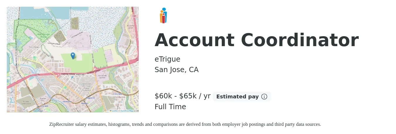 eTrigue job posting for a Account Coordinator in San Jose, CA with a salary of $60,000 to $65,000 Yearly with a map of San Jose location.