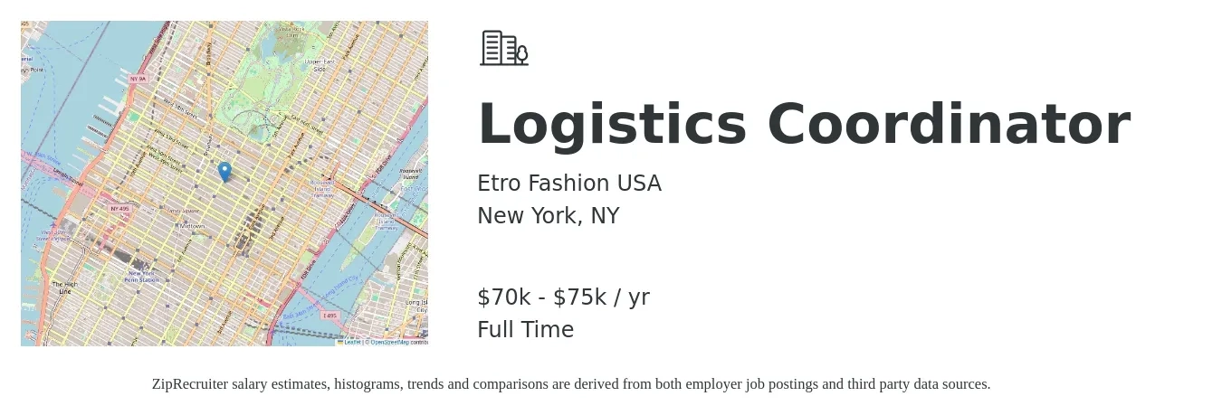 Etro Fashion USA job posting for a Logistics Coordinator in New York, NY with a salary of $70,000 to $75,000 Yearly with a map of New York location.