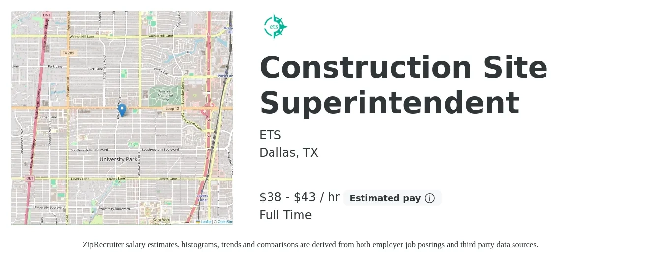 ETS job posting for a Construction Site Superintendent in Dallas, TX with a salary of $40 to $45 Hourly with a map of Dallas location.