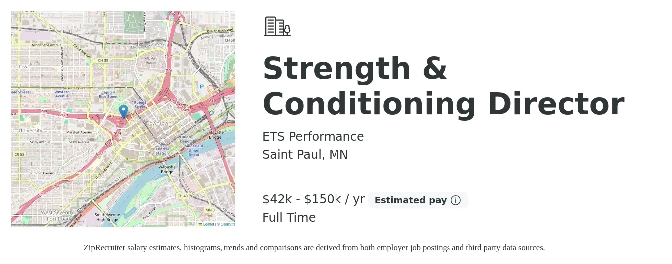 ETS Performance job posting for a Strength & Conditioning Director in Saint Paul, MN with a salary of $42,000 to $150,000 Yearly with a map of Saint Paul location.