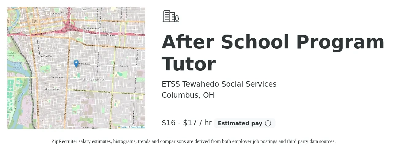 ETSS Tewahedo Social Services job posting for a After School Program Tutor in Columbus, OH with a salary of $17 to $18 Hourly with a map of Columbus location.