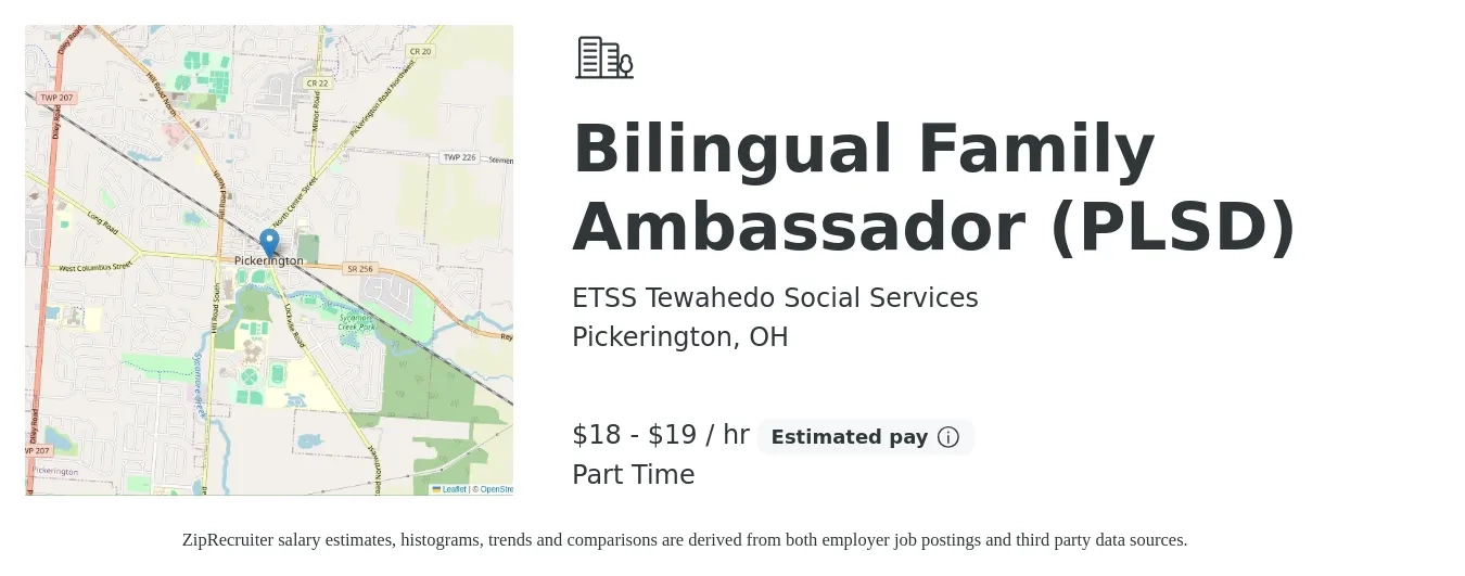 ETSS Tewahedo Social Services job posting for a Bilingual Family Ambassador (PLSD) in Pickerington, OH with a salary of $19 to $20 Hourly with a map of Pickerington location.