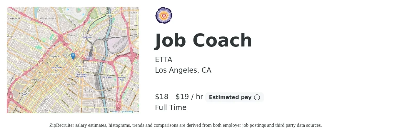 ETTA job posting for a Job Coach in Los Angeles, CA with a salary of $19 to $20 Hourly with a map of Los Angeles location.