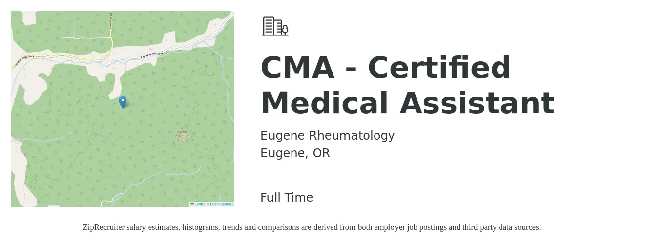 Eugene Rheumatology job posting for a CMA - Certified Medical Assistant in Eugene, OR with a salary of $23 Hourly with a map of Eugene location.