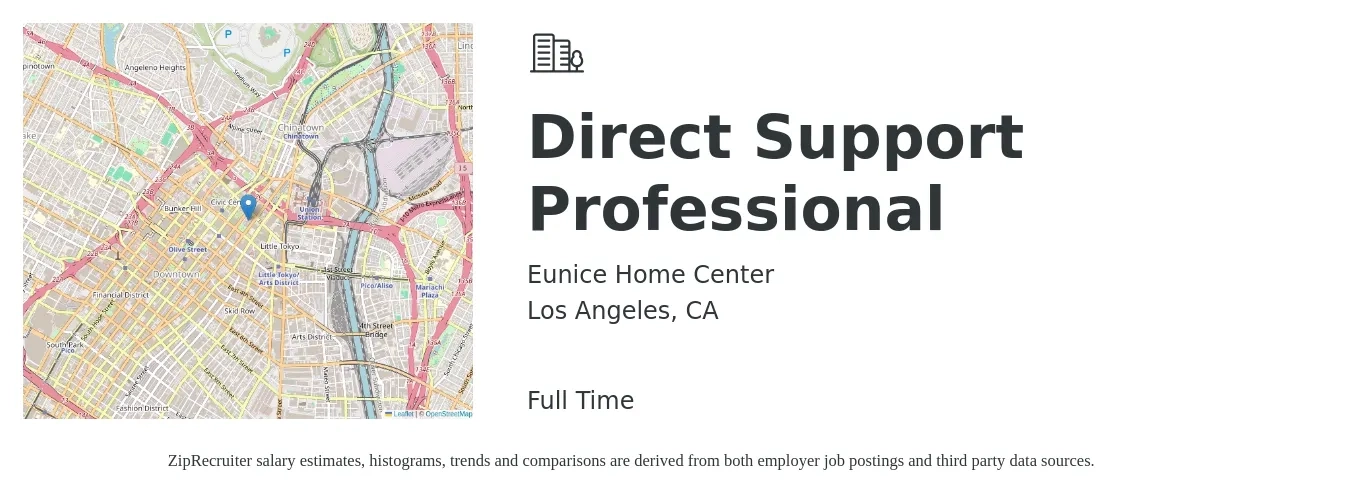 Eunice Home Center job posting for a Direct Support Professional in Los Angeles, CA with a salary of $16 to $19 Hourly with a map of Los Angeles location.
