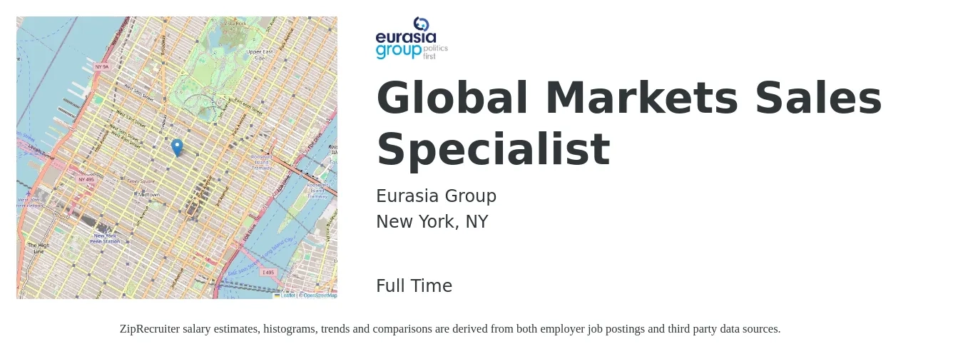 Eurasia Group job posting for a Global Markets Sales Specialist in New York, NY with a salary of $93,000 to $119,000 Yearly with a map of New York location.