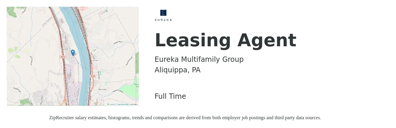 Eureka Multifamily Group job posting for a Leasing Agent in Aliquippa, PA with a salary of $16 to $19 Hourly with a map of Aliquippa location.