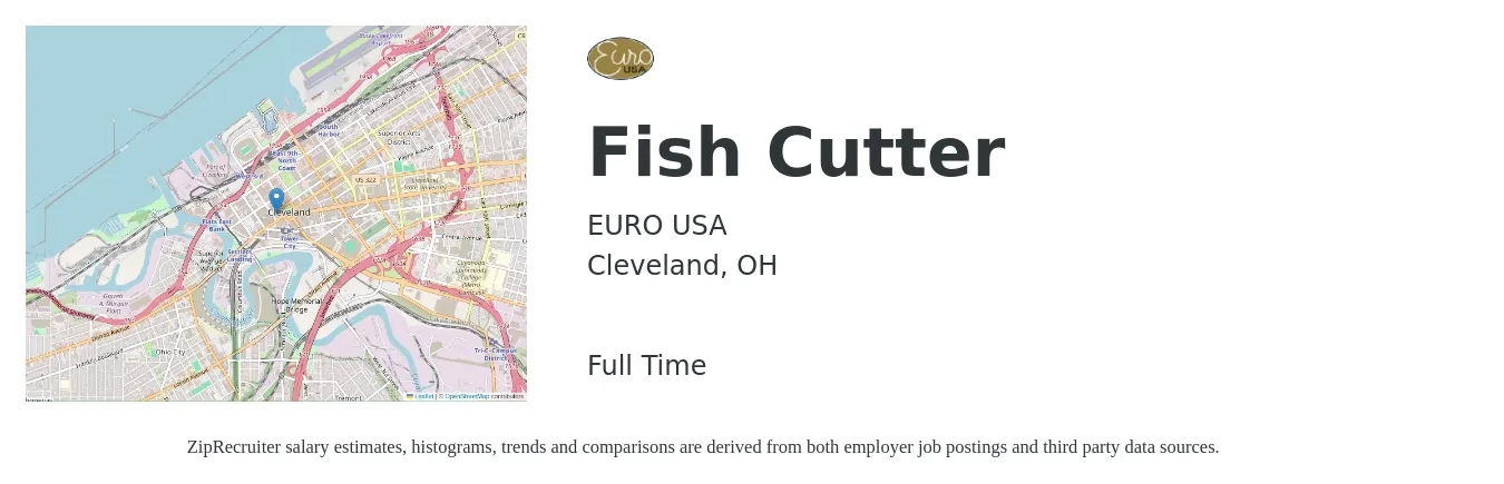 Euro USA Inc job posting for a Fish Cutter in Cleveland, OH with a salary of $16 to $20 Hourly with a map of Cleveland location.