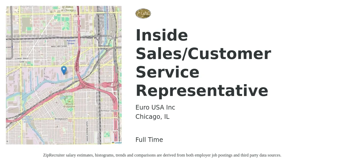 EURO USA job posting for a Inside Sales/Customer Service Representative in Chicago, IL with a salary of $18 to $28 Hourly with a map of Chicago location.