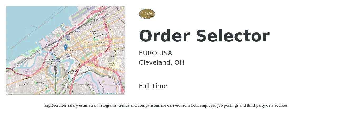 Euro USA Inc job posting for a Order Selector in Cleveland, OH with a salary of $16 to $19 Hourly with a map of Cleveland location.