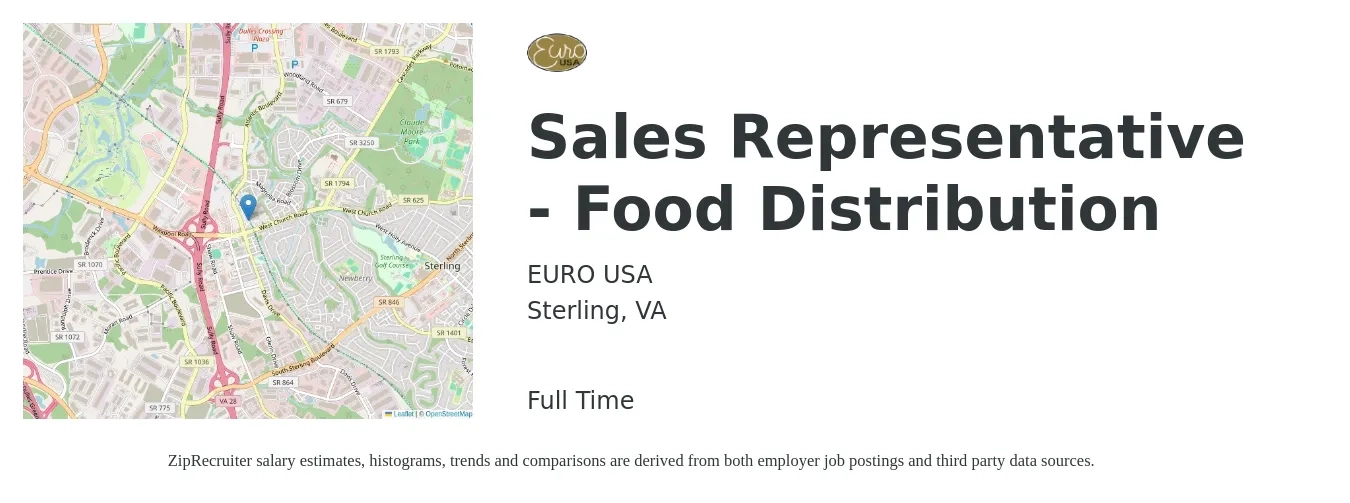 EURO USA job posting for a Sales Representative - Food Distribution in Sterling, VA with a salary of $54,000 to $93,900 Yearly with a map of Sterling location.