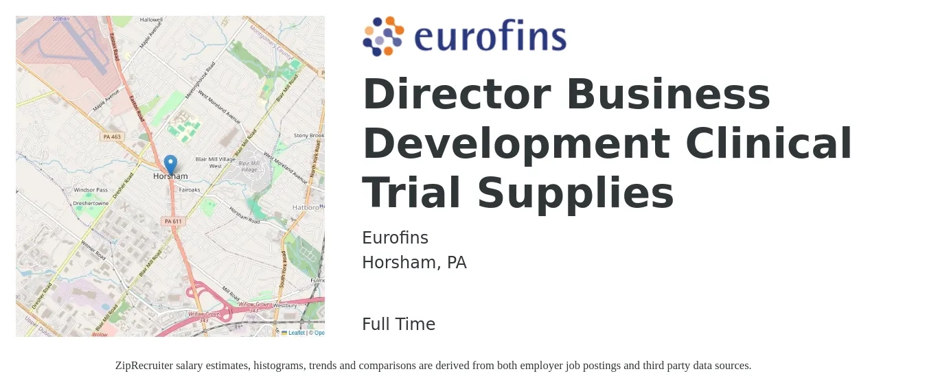 Eurofins job posting for a Director Business Development Clinical Trial Supplies in Horsham, PA with a salary of $92,200 to $149,400 Yearly with a map of Horsham location.