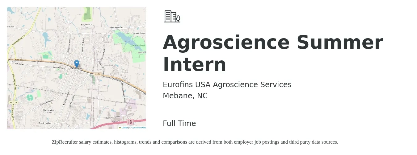 Eurofins USA Agroscience Services job posting for a Agroscience Summer Intern in Mebane, NC with a salary of $16 Hourly with a map of Mebane location.