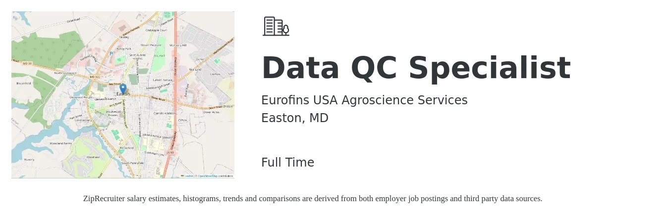 Eurofins USA Agroscience Services job posting for a Data QC Specialist in Easton, MD with a salary of $50,700 to $99,800 Yearly with a map of Easton location.