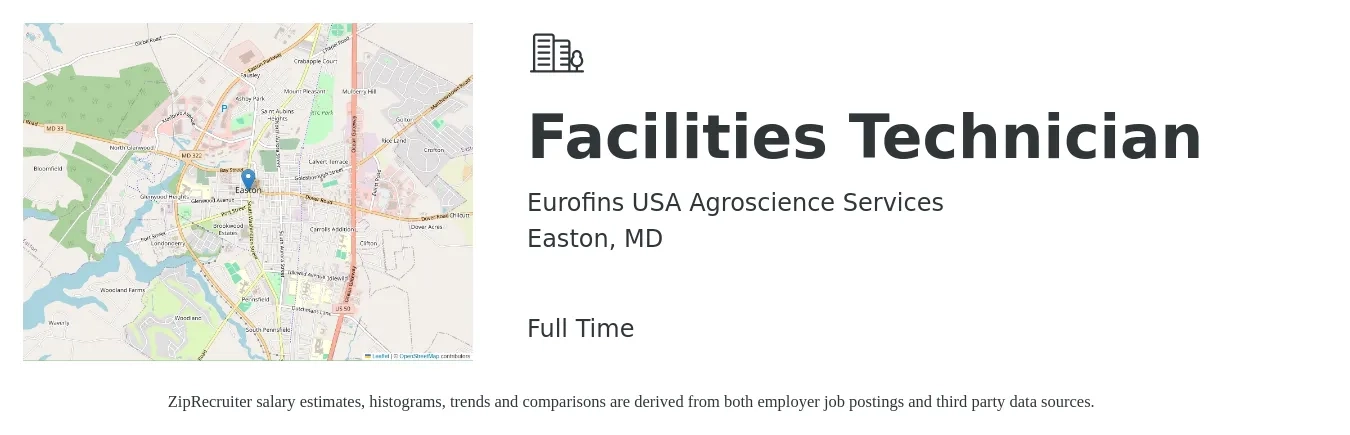 Eurofins USA Agroscience Services job posting for a Facilities Technician in Easton, MD with a salary of $20 to $28 Hourly with a map of Easton location.