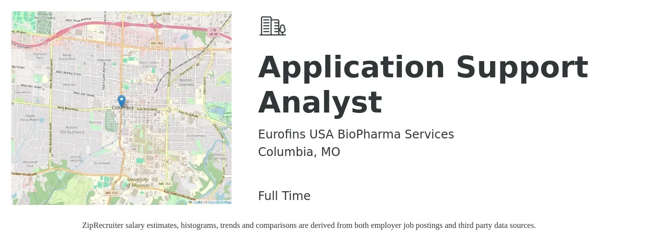 Eurofins USA BioPharma Services job posting for a Application Support Analyst in Columbia, MO with a salary of $29 to $44 Hourly with a map of Columbia location.