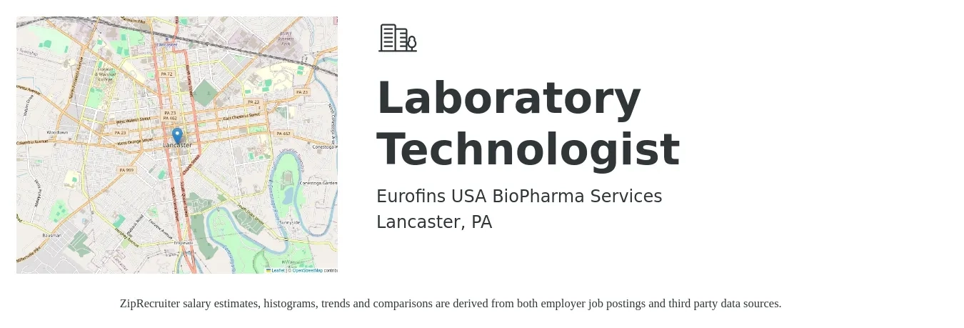 Eurofins USA BioPharma Services job posting for a Laboratory Technologist in Lancaster, PA with a salary of $24 to $48 Hourly with a map of Lancaster location.