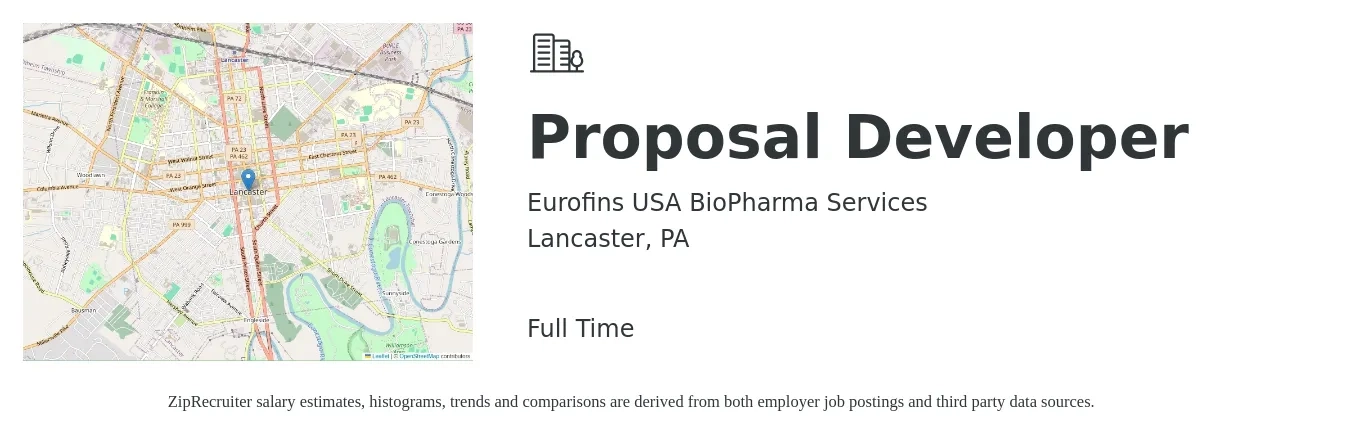 Eurofins USA BioPharma Services job posting for a Proposal Developer in Lancaster, PA with a salary of $77,700 to $108,400 Yearly with a map of Lancaster location.