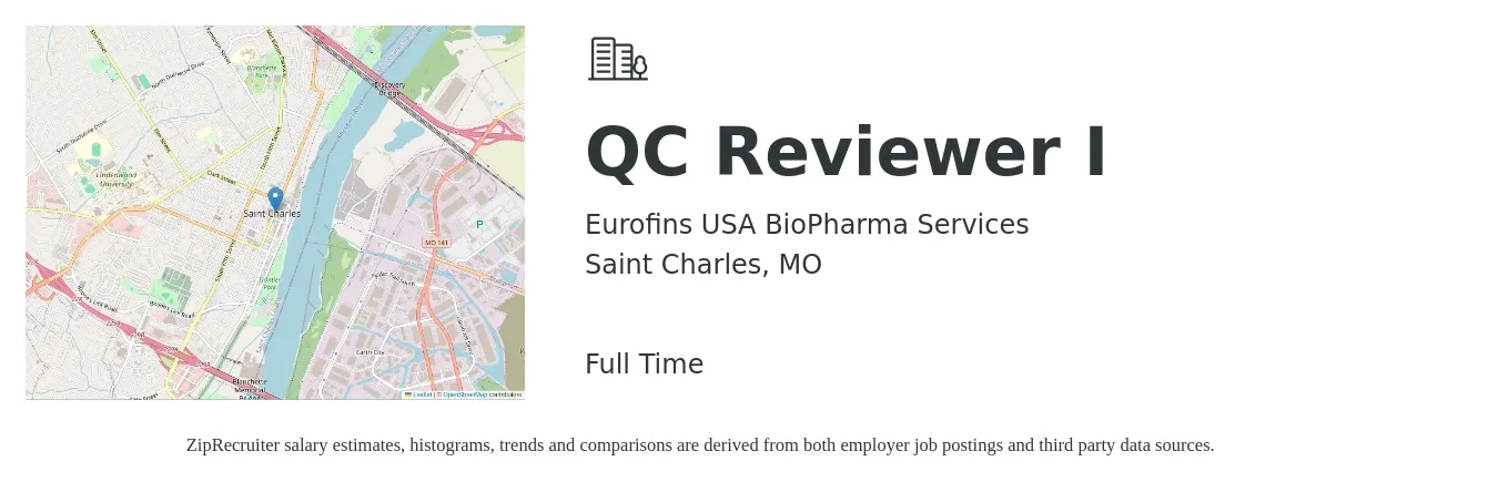 Eurofins USA BioPharma Services job posting for a QC Reviewer I in Saint Charles, MO with a salary of $18 to $30 Hourly with a map of Saint Charles location.